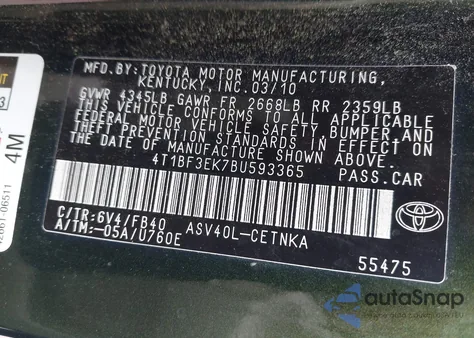 2011 Toyota Camry Le из США, поврежденный, VIN 4T1BF3EK7BU593365